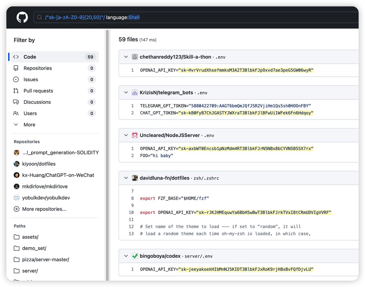 sirifu4k1's tweet image. #github dork to find #openai api key 😇
/&quot;sk-[a-zA-Z0-9]{20,50}&quot;/ language:Shell 
change lang or not lang make what you want ! enjoy!