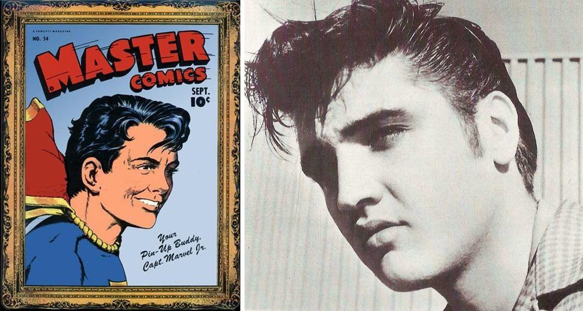 Tuesday Trivia: did you know Elvis Presley's favorite comic hero was Captain Marvel Jr? He apparently modeled his hair after the character with his slicked back style and mid-forehead curl 🦸🏻‍♂️🎙 

 #HersheyComicCon 
#hersheypa #comiccon #comics #elvispresley #captainmarveljr