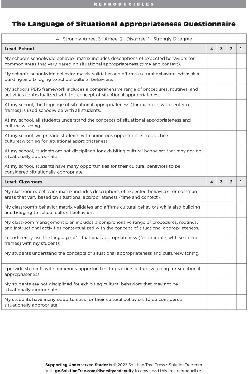 SolutionTree's tweet photo. Do your students know the language of situational appropriateness? You can use this questionnaire from Supporting Underserved Students to analyze your school and classroom.

Download more free resources: https://t.co/ga7kdVcxbh #PBIS #CLR https://t.co/yh8HAjGmPU