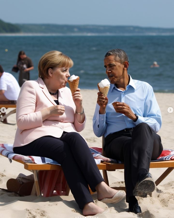 AFPfaktencheck's tweet photo. 📸Trump verhaftet, Obama und Merkel am Strand, Macron als Müllmann, Putin kniet vor Xi Jinping...

💻Von künstlicher Intelligenz erzeugte Bilder mit Bezug zu aktuellen Nachrichten werden online immer häufiger geteilt und sorgen für Verwirrung. So erkennt man sie ⤵️ https://t.co/nUcS6H67nt