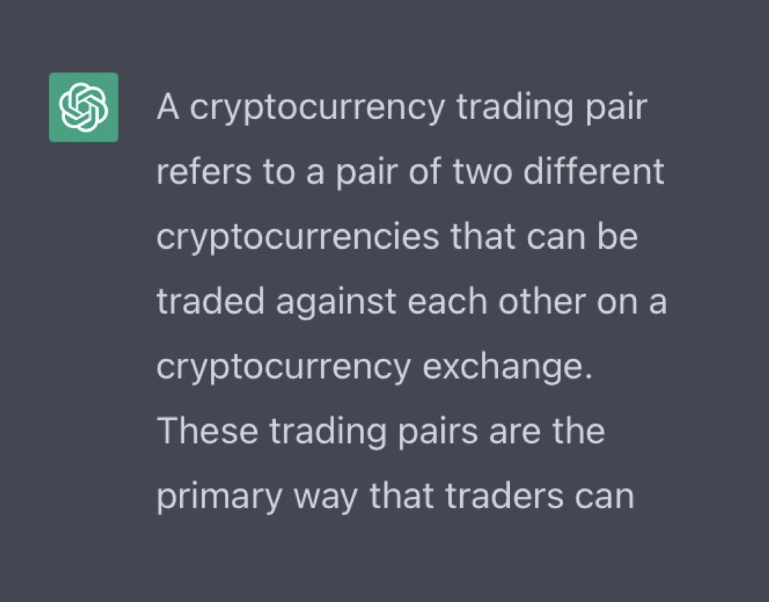 AiCryptoThreads's tweet photo. What is a #cryptocurrency #trading pair #cryptotrading #crypto #learning #ChatGPT https://t.co/pCPfoQ0qBQ