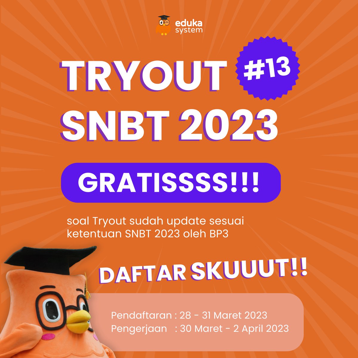 BuwhanEdu's tweet image. 🔔TRYOUT SNBT 2023 GRATEEEEES🔔

SNBP SYUDAAAA BERLALU SAAATNYA BAGI-BAGI TRYOUT SNBT 2023 GRATISSSS UNTUK KALIAN PARA PEJUANG PTN IMPIAAAAN!!!🚗💨

PENDAFTARAN HANYA SAMPAI 31 MARET 2023!! CEPET BGT WOIIII KUY KUY KUY DAFTARRR di edukasystem.com ato di app eduka GRATIS~