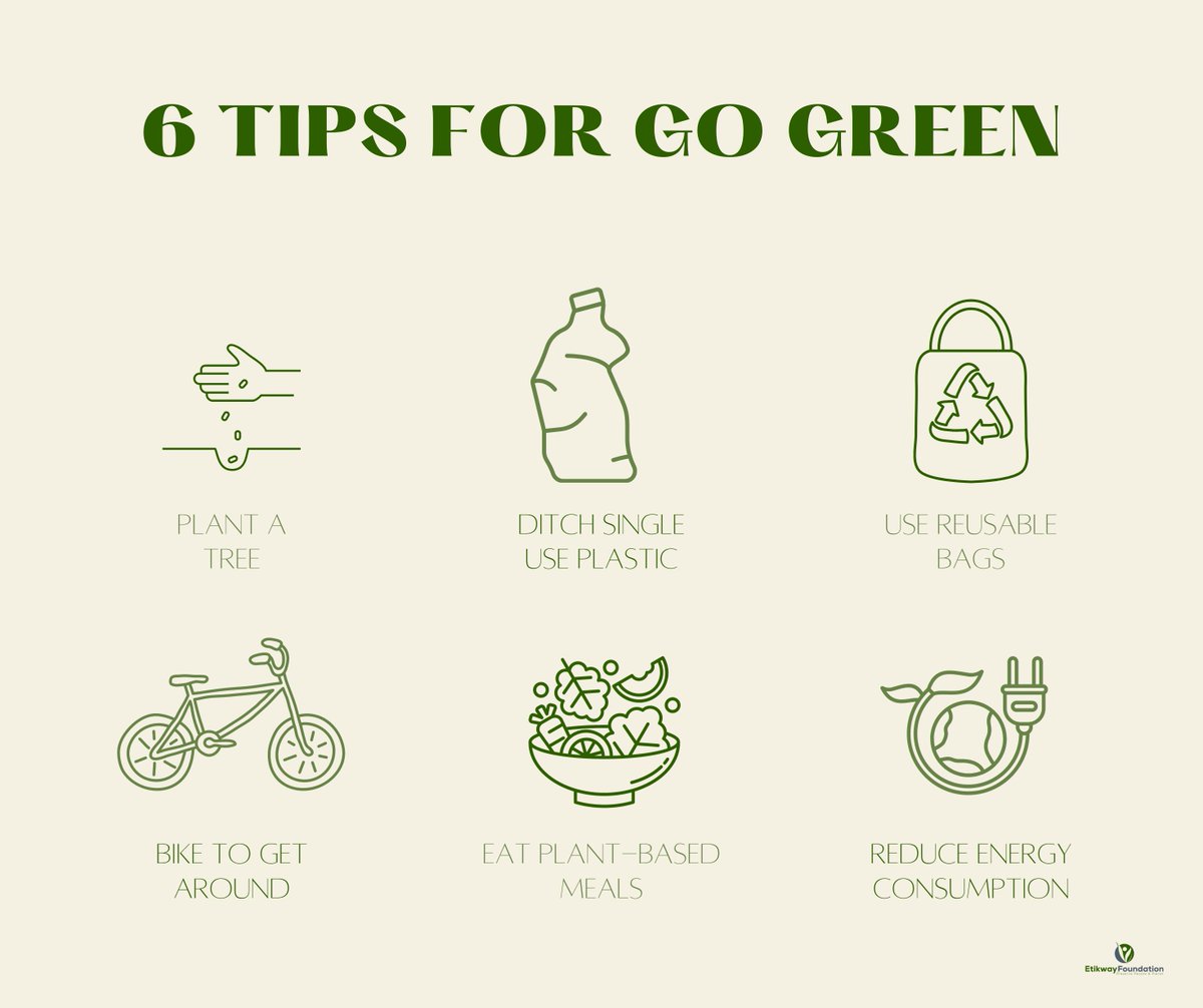 EtikwayF's tweet photo. 6 tips for go green! 🌿🌱
#etikwayfoudation #reducewast #plantatree #ditchsingleuseplastic #usereusablebags #biketogetaround #eatplantbasemeals #reduceenergyconsumption #gogreen #sustainable #sustainableliving #supportlocals #spreadingtheword #environnement #ecofriendly https://t.co/mdieRv9Sth