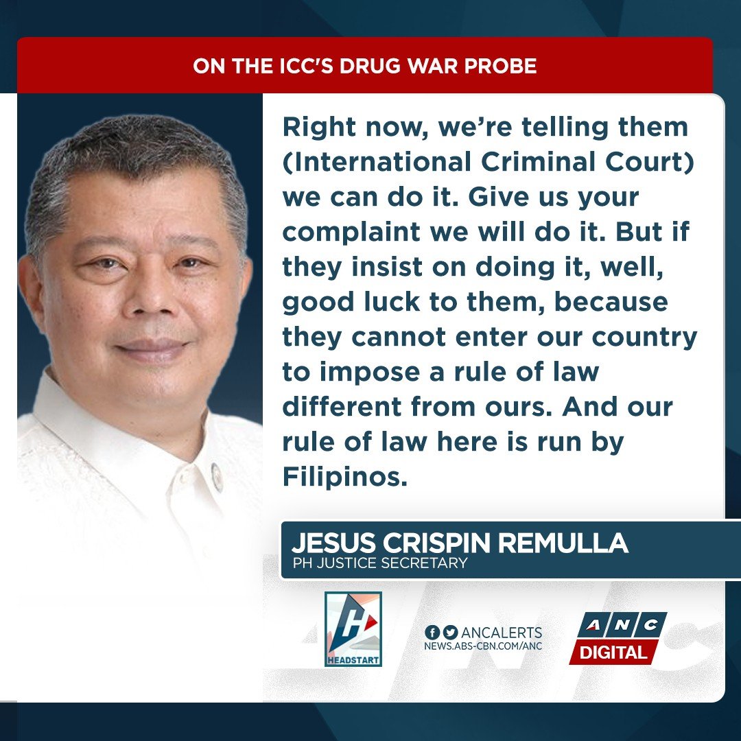 Manila's Justice Secretary wishes the International Criminal Court the best of luck in its probe into the Duterte administration's drug war. #ANCSoundbytes

WATCH: youtu.be/n4izta-0kgQ