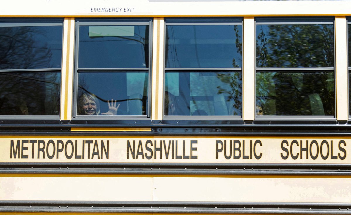 CBSNews's tweet photo. Three 9-year-olds and three adults were killed in a Nashville school shooting on Monday. This photo shows a crying child onboard a bus as it left the scene – an image that sent shockwaves about the toll of gun violence on children.

📸Nicole Hester/USA Today Network via Reuters https://t.co/wzaobfPLW1