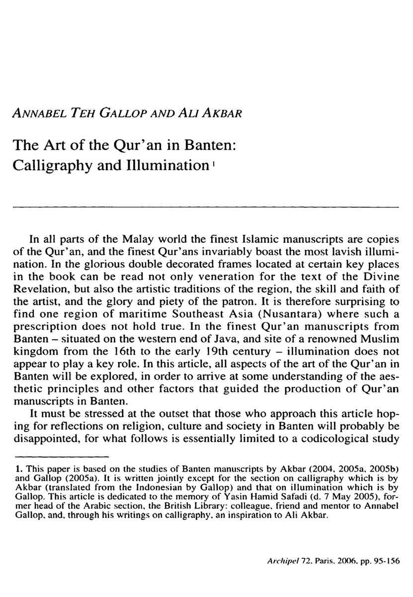 khalidsyossef's tweet photo. #OpenAccess
#Article
#IslamicManuscript
#Malayworld
"The Art of the Qur'an in Banten: Calligraphy and Illumination"
by: Annabel Gallop, Ali Akbar
In: Archipel, volume 72, 2006. pp. 95-156
Available for PDF download
https://t.co/JoTyweeWND https://t.co/uFDBXvpdmx