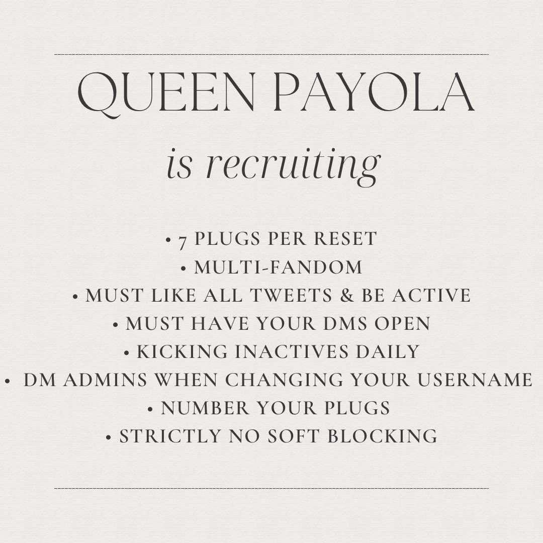 queensIikes's tweet image. QUEEN PAYOLA IS RECRUITING ACTIVE MEMBERS!
- 60+ likes 
- multi fandom 
- must be active 
- MBF @queensIikes 
- MUST have your dms open &amp;amp; following us! 

RT &amp;amp; reply to join - adding in 24 hours!