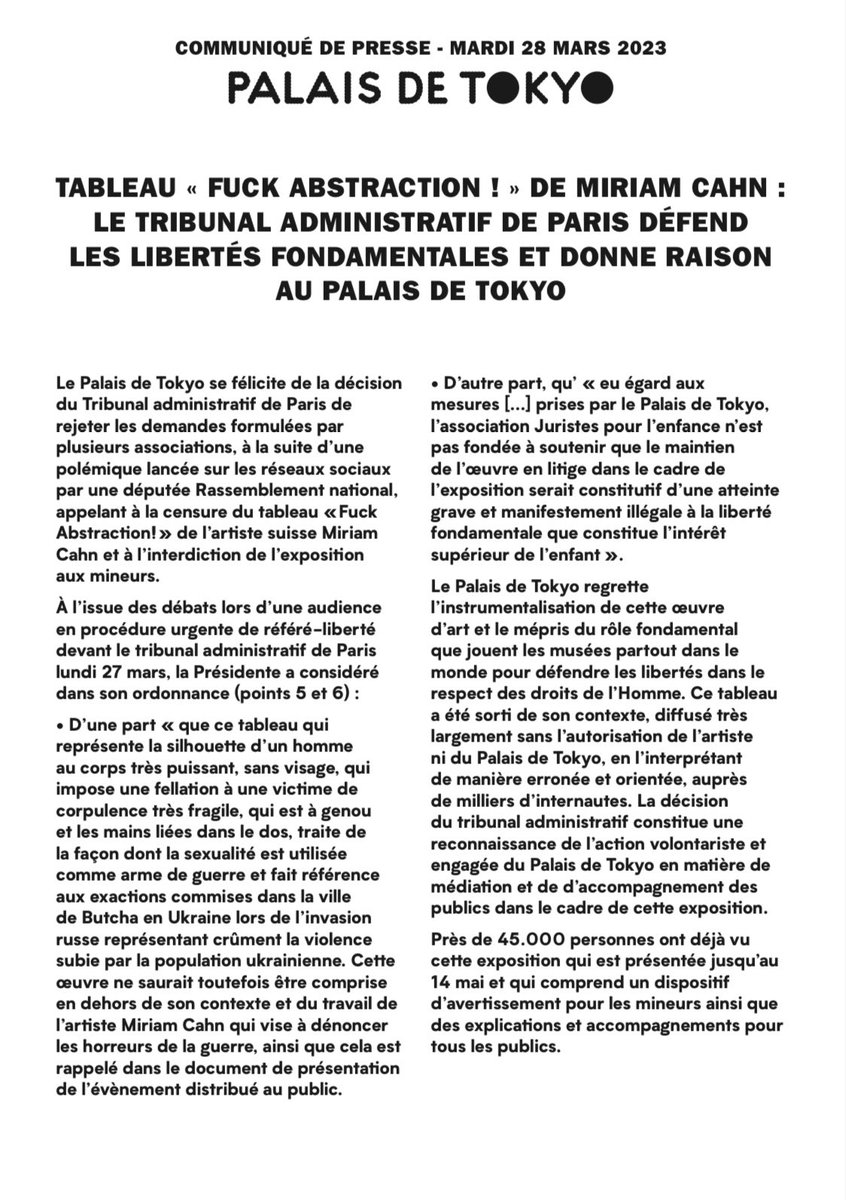 PalaisdeTokyo's tweet photo. Tableau « Fuck Abstraction! » de Miriam Cahn : le tribunal administratif de Paris défend les libertés fondamentales et donne raison au Palais de Tokyo

Communiqué de presse du 28 mars 2023 ⤵️ https://t.co/u3WhMXG5d6