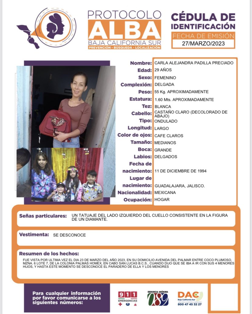 PGJEBCS's tweet photo. 🚨 En la #PGJEBCS necesitamos de tu apoyo para localizar a Carla Alejandra Padilla Preciado y a sus 4 menores hijos. Se activa #ProtocoloAlba. Cualquier información 📞 llamar al 8004745322. https://t.co/2xJbwfRb8C