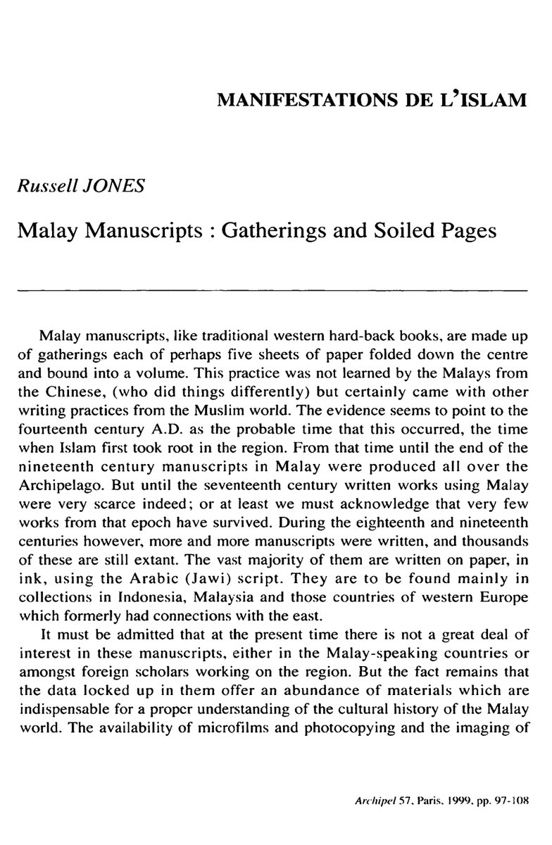 khalidsyossef's tweet photo. #OpenAccess
#Article
#IslamicManuscript
#Jawiscript
#Malayworld
"Malay Manuscripts : Gatherings and Soiled Pages"
Russell Jones
In: Archipel, volume 57, 1999
Available for PDF download
https://t.co/G4jbiLLtJS https://t.co/piXKbgru9J