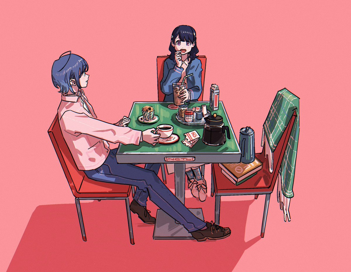 asakura toru ,fukumaru koito multiple girls 2girls food black hair jacket sitting short hair  illustration images