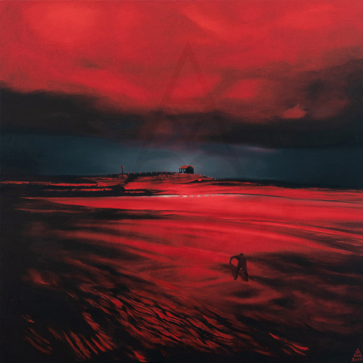 AnnaMarieBuss's tweet photo. The first in "A Study in Colour" series, influenced by a perfect sunrise at #CamberSands #Ryeharbour A strong colourful underpin to add drama and a figure in the foreground... On display @Royal_Shopper until 25th April. #oilpainting #bespokegift https://t.co/6arT5lQnpR