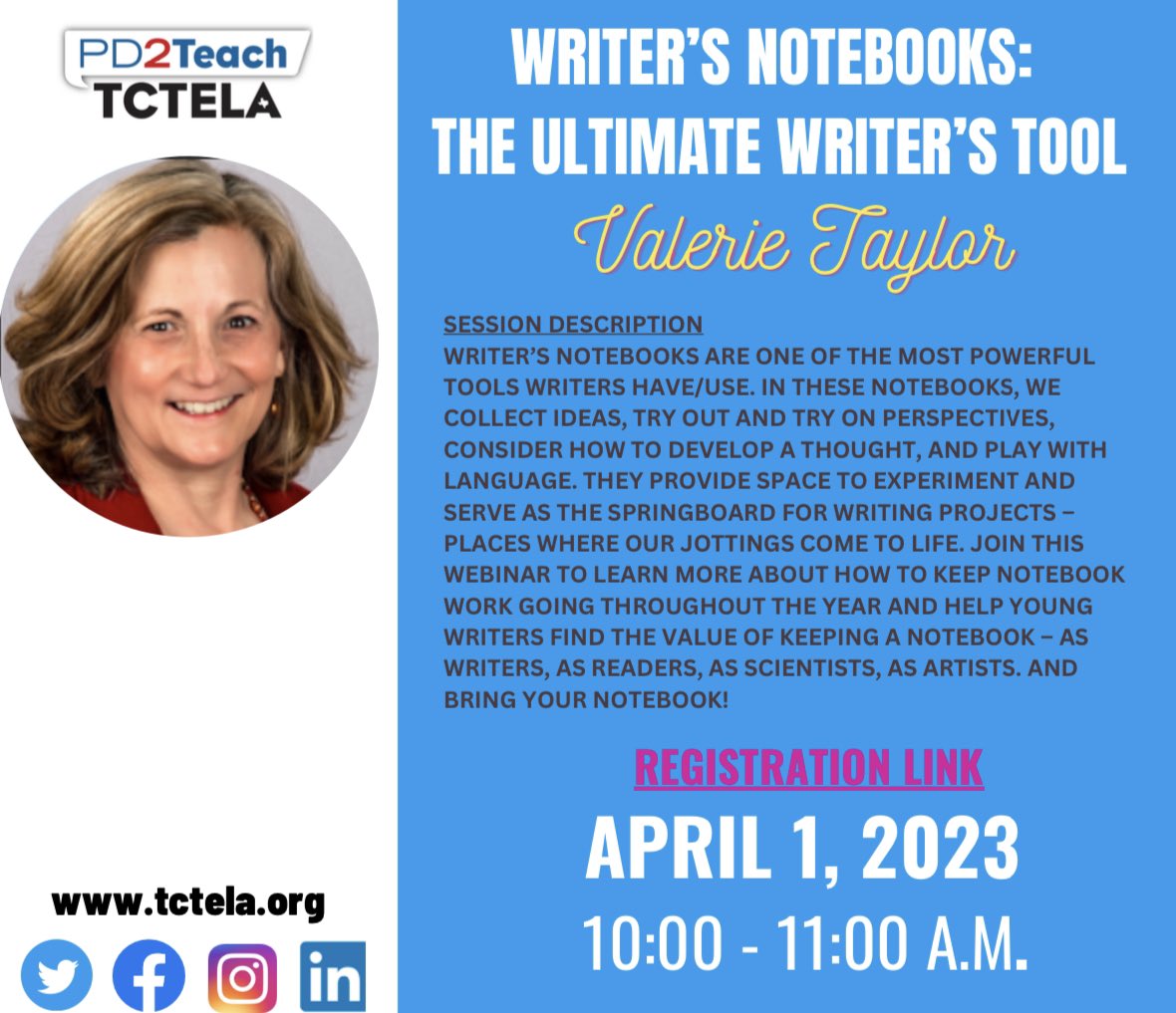 TCTELA's tweet photo. And while you’re registering for @MorrisAlana’s session, go ahead and reserve your spot for @TaylorVtaylor’s session on leveraging the power of notebooks.
➡️ https://t.co/XLlXUXxRQe
#TCTELA #nctevillage #PD2Teach https://t.co/P7HfsUlo5z