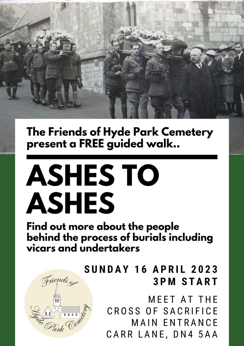 Our free guided walk Ashes To Ashes tells the stories of the people behind the burials including the owner of the patent for an airtight metallic coffin and the organiser of wartime emergency burials. Sun 16 April, 3pm. Free but donations gratefully received. #DoncasterIsGreat