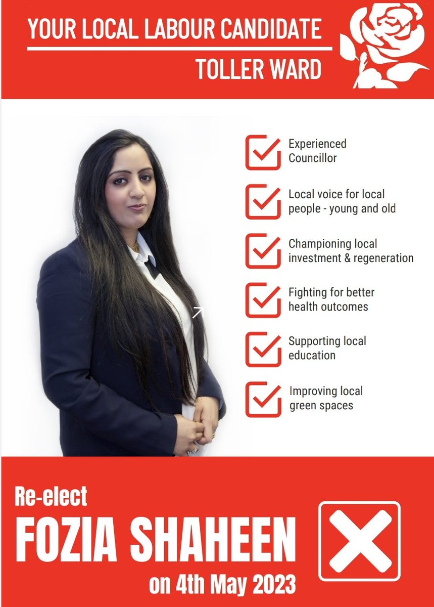 FoziaShaheen3's tweet photo. I am delighted to re-introduce myself as your local Labour Party candidate for the Toller ward. 

Your support matters on 4th May 2023. https://t.co/4domd43SGP