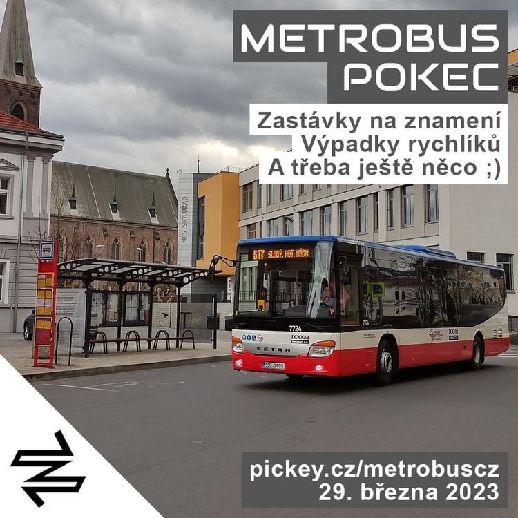 Ve středu je 29. den v měsíci a to z znamená jediné - další živé vysílání Metrobusu na Pickey! Tentokrát se v Pokecu s předplatiteli podíváme na zastávky na znamení či na výpadky rychlíků. Bude to všechno, nebo se nějaké další téma objeví? To zjistíme až v průběhu vysílání.
