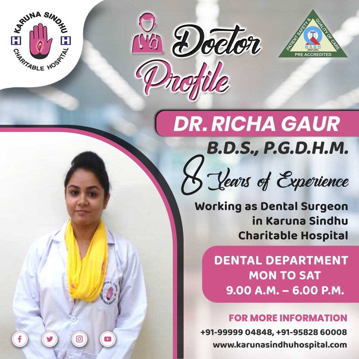 KarunaSindhuH's tweet photo. Meet Dr. Richa Gaur, our Dental Surgeon with 8 years of experience in the field of Dentistry.
.
CALL US FOR MORE DETAILS: 9999904848
Visit Official Website: https://t.co/D87P9dUYZD
.
#karunasindhuhospital #charitablehospital #suppor #fundraising #socialwork #doctor #RichaGaur https://t.co/sY4QwWPFT2