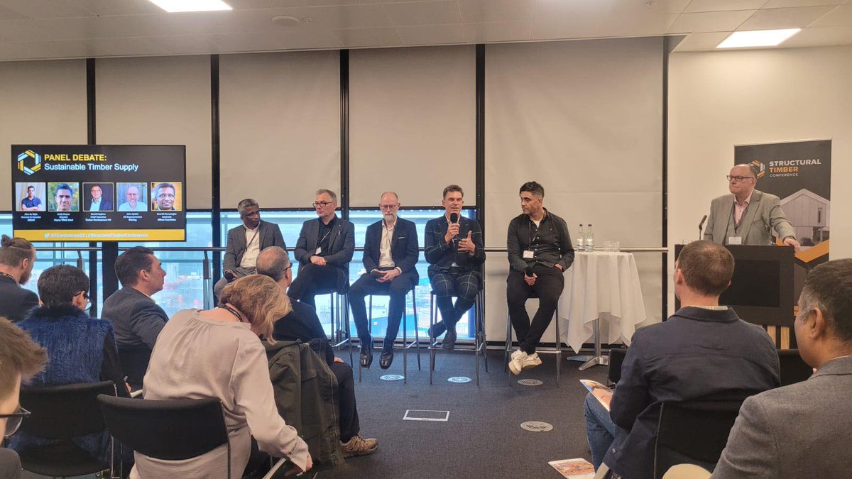 STConference23's tweet photo. Facilitated by Andrew Carpenter, @STATimber the first panel discussion, focussed around Sustainable Timber Supply has begun! Excited to gain an insight from industry experts – Alex de Rijke, Andy Heyne, David Hopkins, John Spittle and Keerthi Ranasinghe https://t.co/tj8ylgTWet