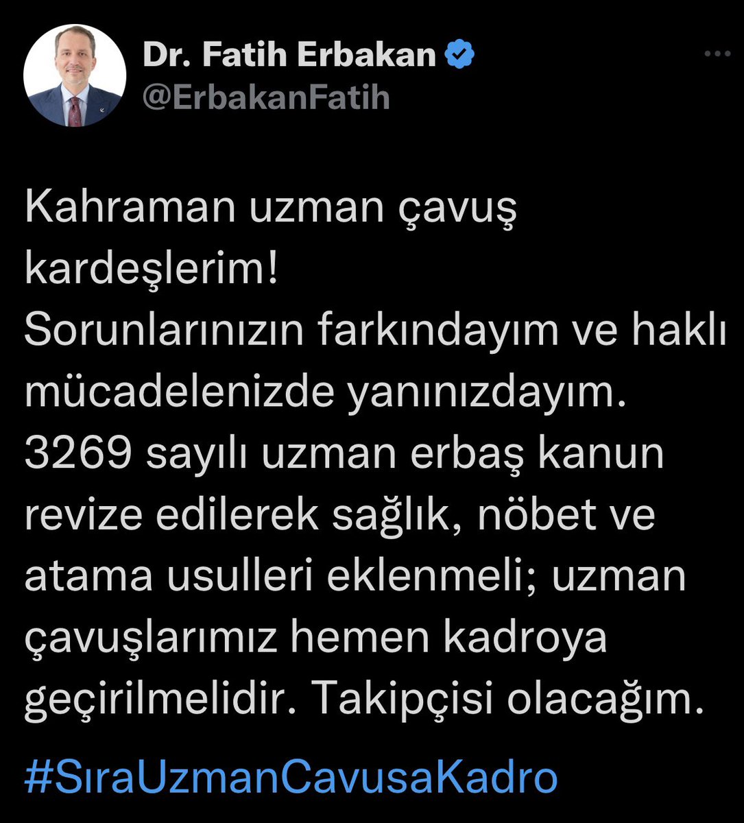 ErcanSeki's tweet photo. Cumhur ittifakının herkese kadro veripte Uzman Çavuşları boynu bükük bırakacağına ihtimal vermiyorum

@MHP_Bilgi kahramanların zaten yanındaydı. Şimdi @ErbakanFatih de katıldı. @Mustafa_Destici asla karşı çıkmaz. Hepsi bir olup @RTErdogan’ı ikna ederse #UzmanÇavuşaKadro verilir🇹🇷 https://t.co/ckFpPKtqg3