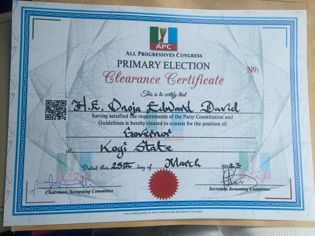 Breaking News. Twitter NG. Kogi State Deputy Governor Chief Edward David Onoja @ed_onoja has just been cleared for the Governorship Primaries. Congratulations 👏
