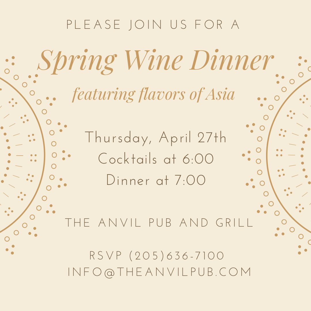 Spring Wine Dinner 04.27.23 . Flavors of Asia. Reservations info@theanvilpub.com. 2056377100. #theanvilpubandgrill #winedinner #flavorsofasia