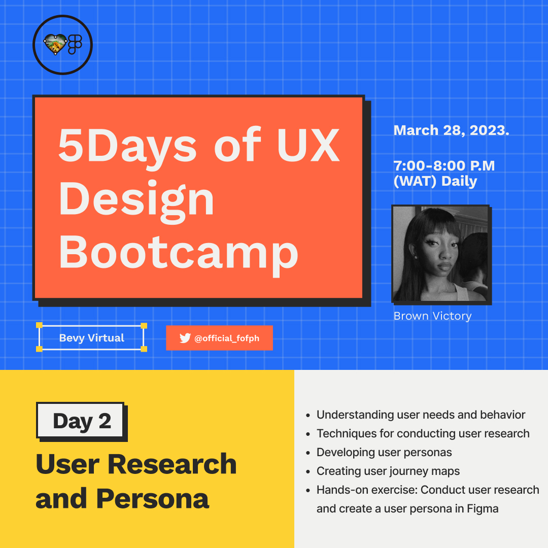 Official_FOFPH's tweet image. Yesterday&apos;s session was a great success, and we are excited to continue the bootcamp and cover more essential topics in user experience design.

Today&apos;s session will cover the topics such as Understanding user needs and behaviour, Techniques for conducting user research, #fofph
