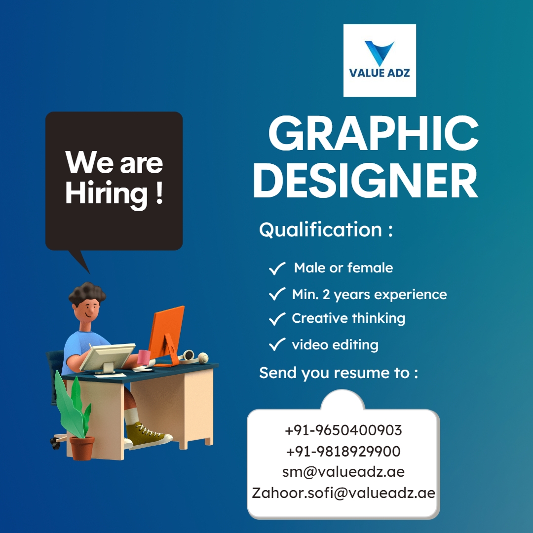 ValueAdz's tweet photo. We are hiring a good graphic designer
Hurry up and send your resume
.
+91-9650400903
+91-9818929900
Sm@valueadz.ae
Zahoor.sofi@valueadz.ae
#graphicdesign #design #art #graphicdesigner #illustration #branding #logo #designer #graphic #digitalart #photoshop #artwork #illustrator https://t.co/Ed5AD6aq1Q