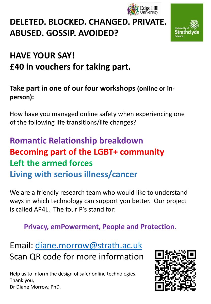 Did you know we are holding paid online workshops for people living in the UK, to share the ways you coped with being private online?  see poster for details.  £40 voucher for taking part #lgbt #leftarmedforces #veterans #domesticabuse #livingwithcancer