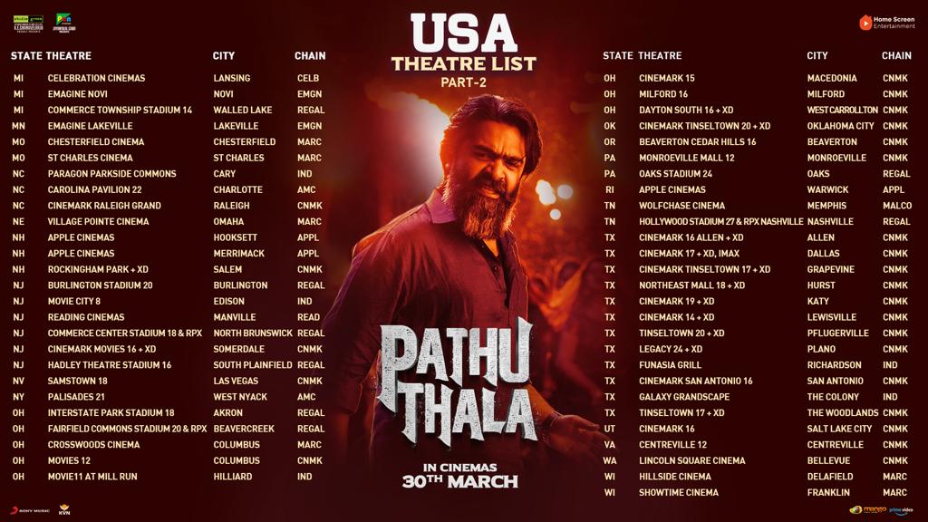 To all the fans in USA 🇺🇲, here is the theatres list of #PathuThala ✨ Advance Bookings Open Now 🎟️ Celebrate #PathuThalaFromMarch30 #AGR #PathuThalaTickets Worldwide #StudioGreen Release💥 #Atman @SilambarasanTR @StudioGreen2 @Kegvraja @PenMovies @jayantilalgada…