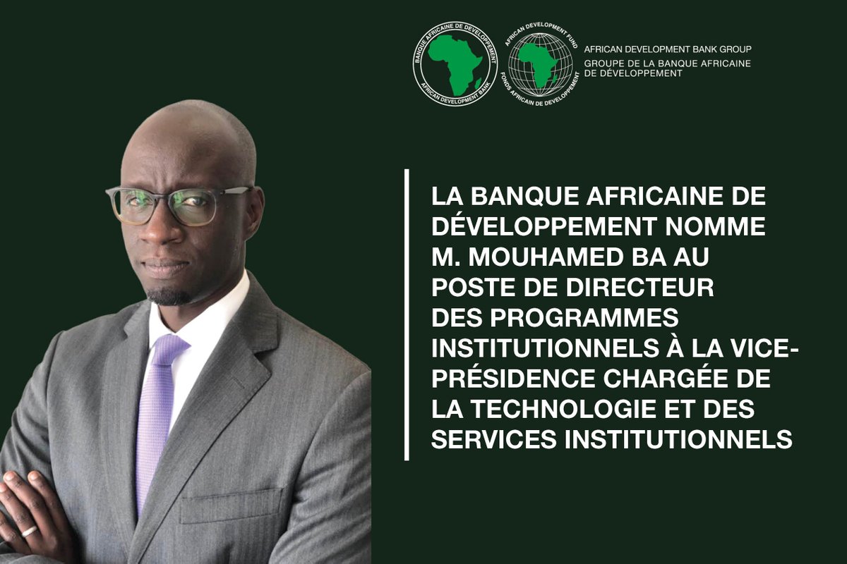 Le Groupe de la Banque africaine de développement a nommé M. Mouhamed Ba au poste de directeur des programmes institutionnels à la vice-présidence chargée de la Technologie et des Services institutionnels, avec effet au 1er mars 2023. 

➡️  bit.ly/3LSCEuQ