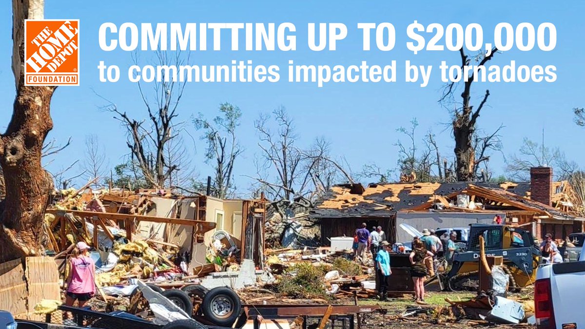 We are committing $200,000 to support communities impacted by the recent tornadoes in Mississippi, Tennessee, Alabama and Georgia. These funds will be used for immediate response and long-term recovery efforts across the affected areas: thd.co/SoutheastTorna…