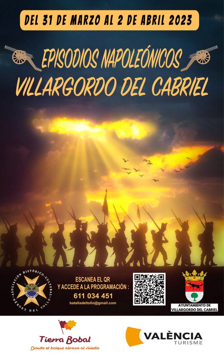 #PlanesTierraBobal   

⚔️ EPISODIOS NAPOLEÓNICOS #VillargordodelCabriel 
🗒️ 31/3 - 2/4
⛺️ Vive la recreación de un auténtico campamento napoleónico, y visita el mercadillo de artesanos, disfruta de actividades para toda la familia 🤩

ℹ️  bit.ly/3KbrZKu

<a href="/valenciaturisme/">valenciaturisme</a>