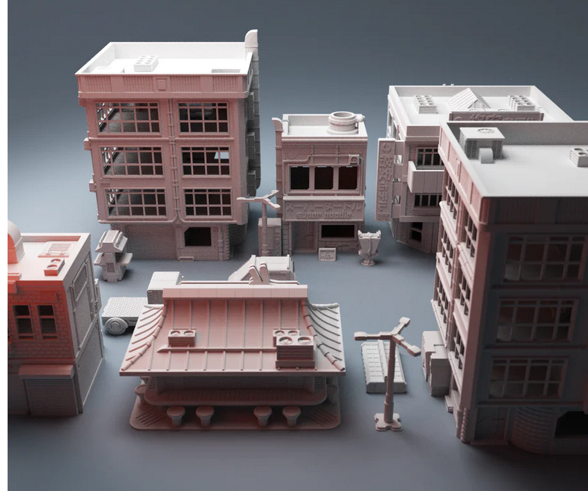 Corvusgamester1's tweet photo. The #cyberpunk 28mm terrain bundle is doing extremely well this week for some odd reason. 5 buildings, 3 vehicles & scatter terrain. https://t.co/NVDXAnbCa5 #3Dprinting #wargaming #infinitythegame #realitysedge #judgedredd #necromunda #stargrave #tabletopgaming #scifi #terrain https://t.co/gNcXnVWc3f