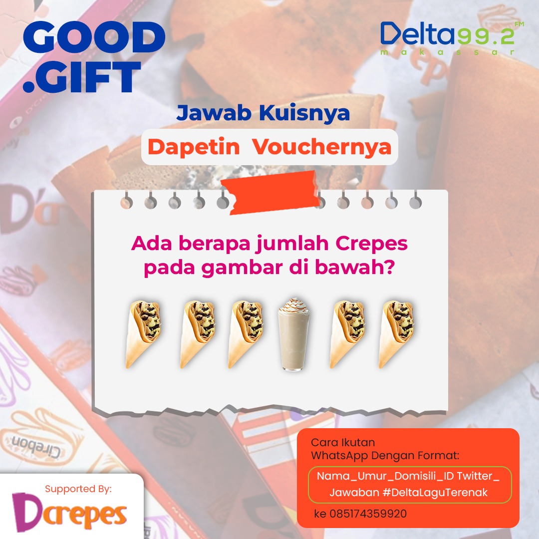 Good Friend di Makassar..gimana puasa ta di hari ke 6 Ramadhan ini, Amanji? Alhamdulillah..Nah jangki lupa kirim Jawaban nah, WA ke 085174359920 untuk ikutan Delta Good Gift!!

#DeltaFMMakassar
#GoodGift
#Dcrepes