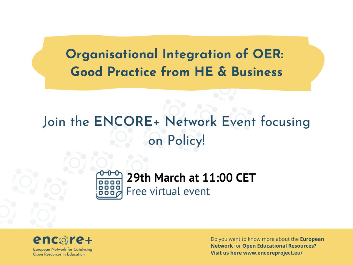 orna_farrell's tweet image. Join us tomorrow to talk about OER in business and HE #encoreplus @NIDL_DCU @icde_org 
💡 "Organisational Integration of OER: Good Practice from HE &amp;amp; Business"

📅 29 March at 11:00 UTC+1
Register here: lnkd.in/du5CAqH8