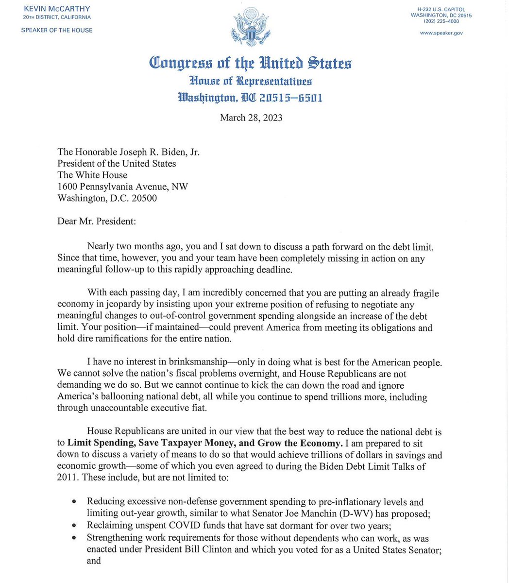 SpeakerMcCarthy's tweet image. Mr. President:

I'm incredibly concerned you are putting an already fragile economy in jeopardy by insisting upon your extreme position on the debt limit. It’s time to drop partisanship, roll up our sleeves, &amp;amp; find common ground on this urgent challenge. bit.ly/LimitSaveGrow