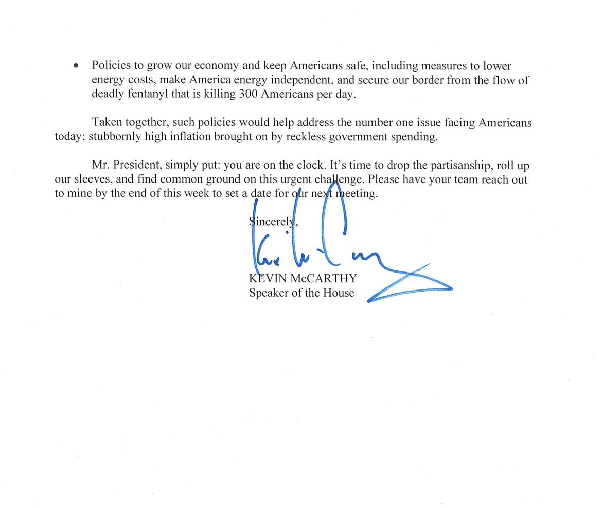 SpeakerMcCarthy's tweet image. Mr. President:

I'm incredibly concerned you are putting an already fragile economy in jeopardy by insisting upon your extreme position on the debt limit. It’s time to drop partisanship, roll up our sleeves, &amp;amp; find common ground on this urgent challenge. bit.ly/LimitSaveGrow