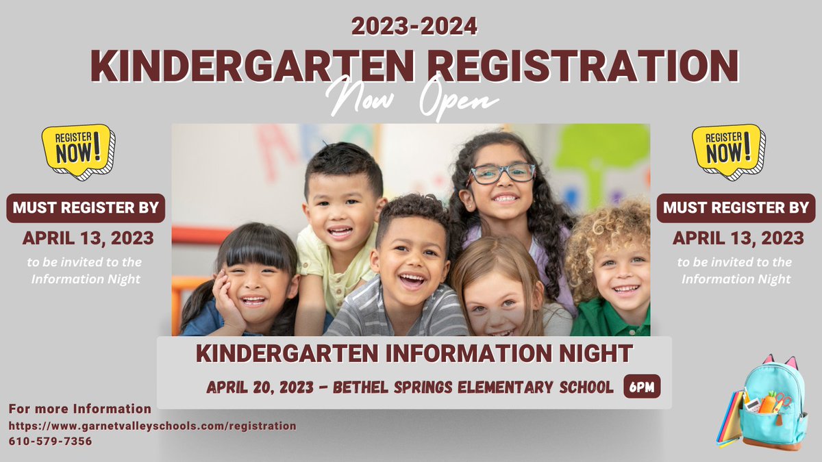 GarnetValleySD's tweet photo. Kindergarten registration for the 2023-2024 academic year is NOW OPEN. To be invited to the Information Night on April 20, 2023, make sure to register by the deadline of April 13th. Don't miss out on this important event, register today. #nextgenerationGV https://t.co/idOBCQUCPG https://t.co/q80Ul6IJNH