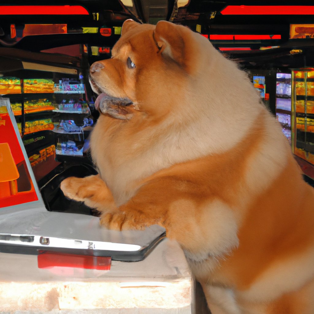 TechieDogs's tweet photo. Chow-chow dog progamming at Convenience Store with a Dell Latitude. #TechieDogs https://t.co/PTM6tn6y4S