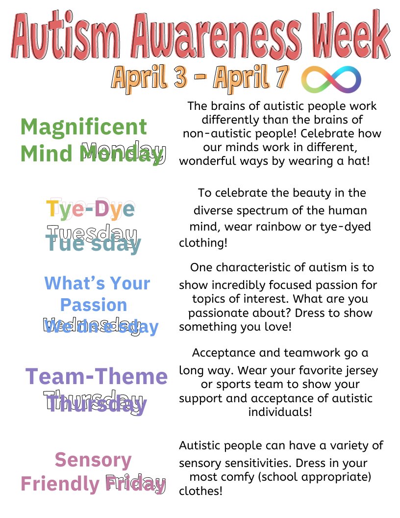 Autism Awareness Spirit Week 4/3-4/7