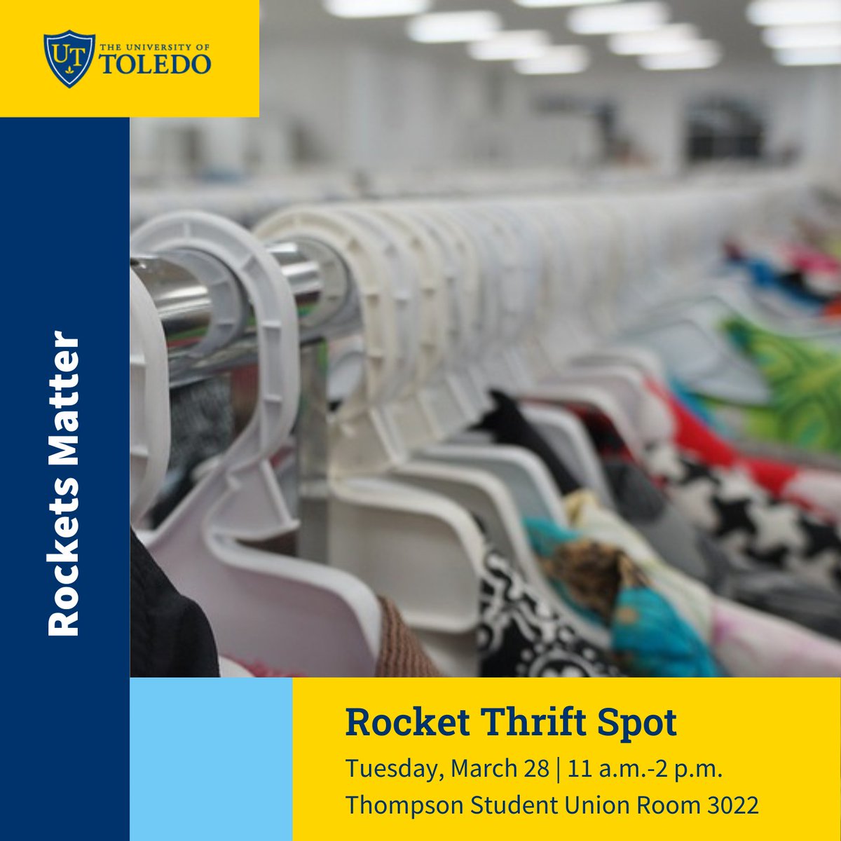 Stop by and shop at the Rocket Thrift Shop TODAY, from 11am-2pm, in the Student Union, room 3022.