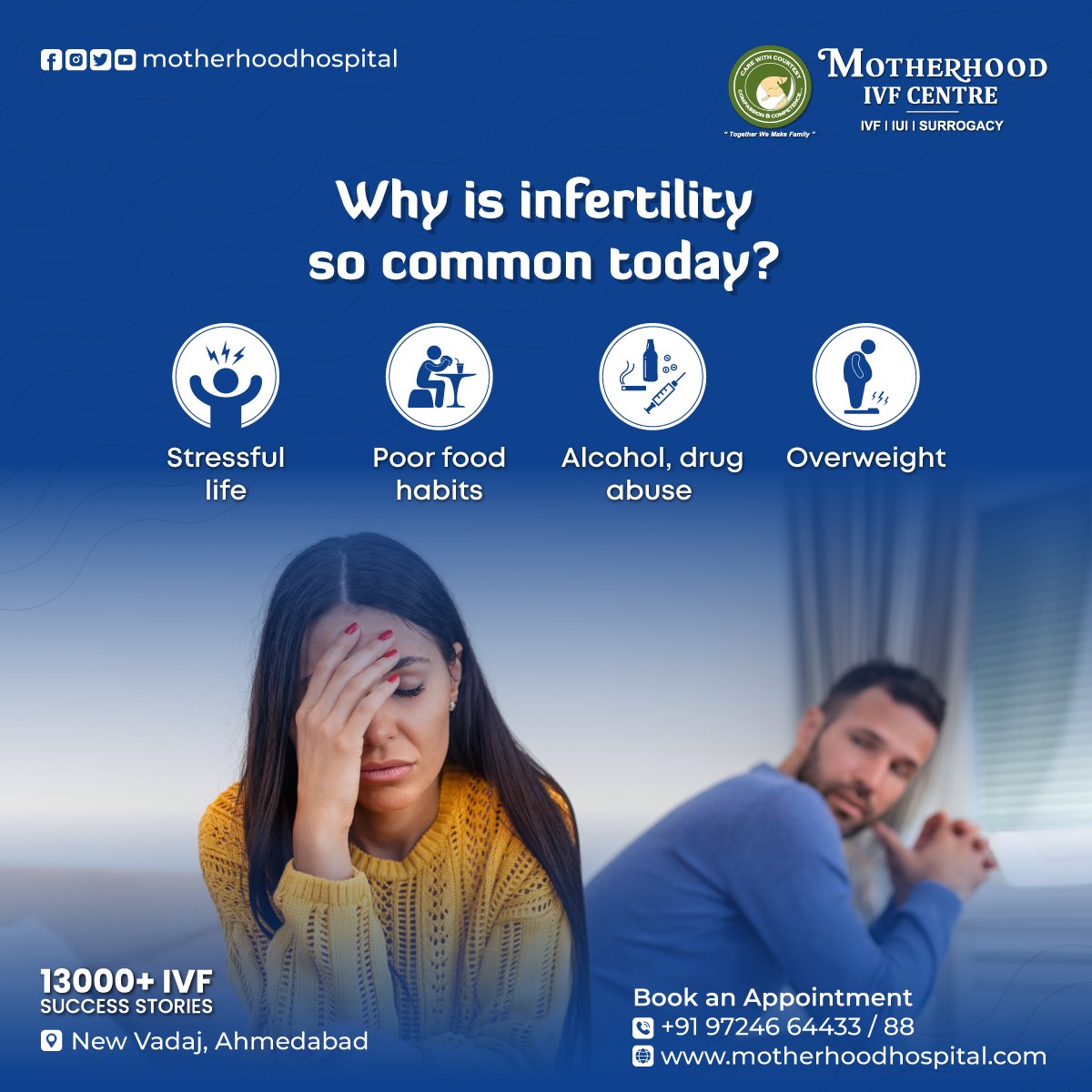 Unhealthy habits can harm fertility. Let's make positive changes for a brighter reproductive future.

Call: +91 9724664433/88
Visit: motherhoodhospital.com/ivf-center-in-…

#MotherhoodIVFCenter #Infertility #IVF  #IVFCenter #IVFTreatment #Ahmedabad #NewVadaj #MotherhoodHospital