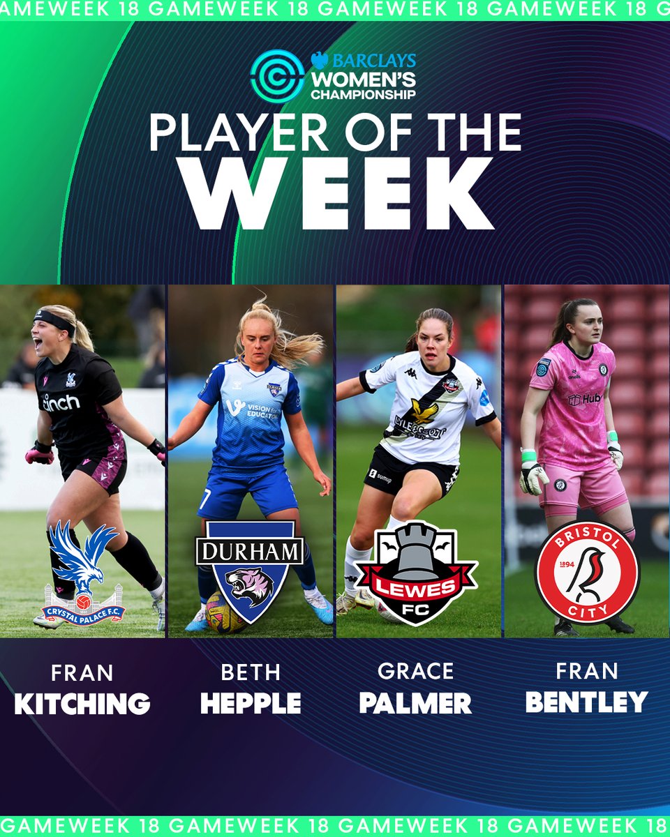 BarclaysWSL2's tweet image. The nominees for the #BarclaysWC Player of the Week are in 🤩

🌟 @FranKitching
🌟 @Hepple7 
🌟 @GracePalmer85
🌟 @franbentleyy

#WomensFootballWeekend