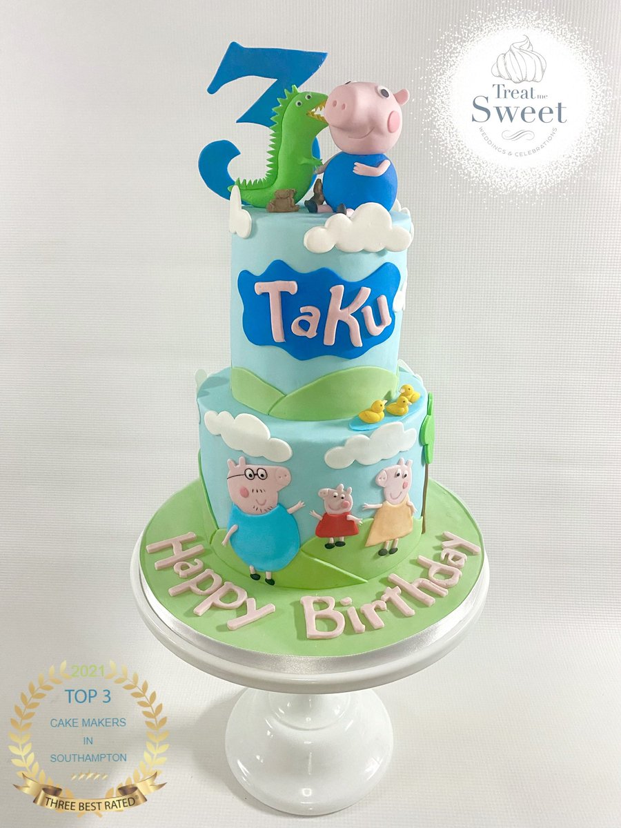 George Pig with his dinosaur 🦖 sat on top of this 2 tier cake. 
Filled with Red Velvet and Chocolate