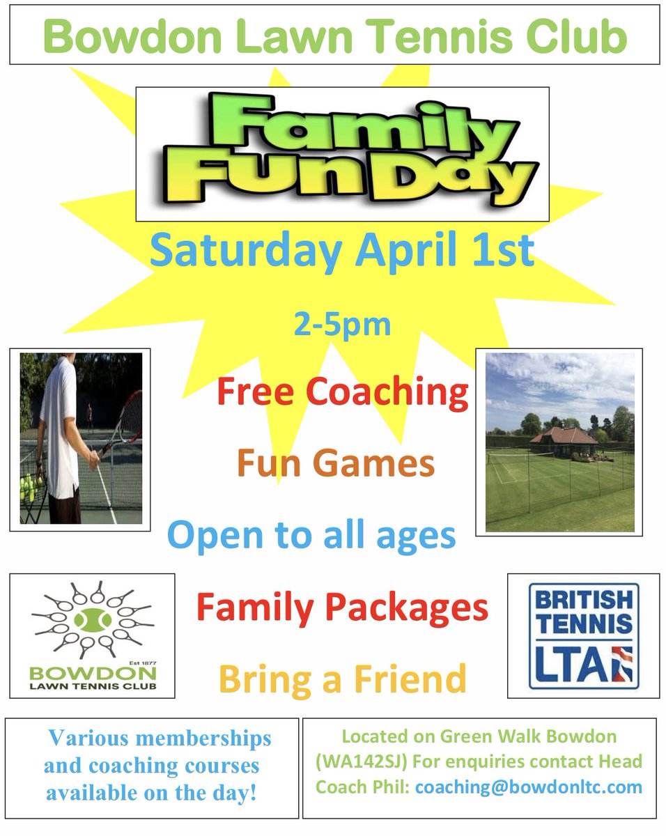 Open Day at Bowdon LTC on Sat 1st of April 2-5pm with Free coaching sessions for juniors and adults. There will be various memberships available. To reserve your free place use the following link or email coaching@bowdonltc.com clubspark.lta.org.uk/BowdonLTC/Book…
#Bowdon #Altrincham #Hale