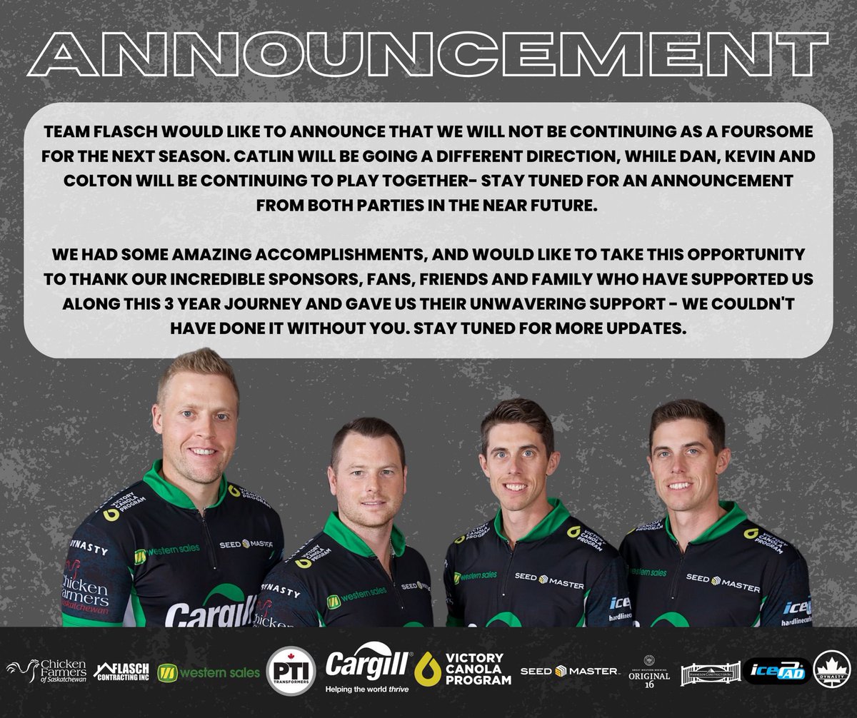 Team Flasch would like to announce that we will not be continuing as a foursome for the next season. Catlin will be going a different direction, while Dan, Kevin and Colton will be continuing to play together- stay tuned for an announcement from both parties in the near future ⬇️