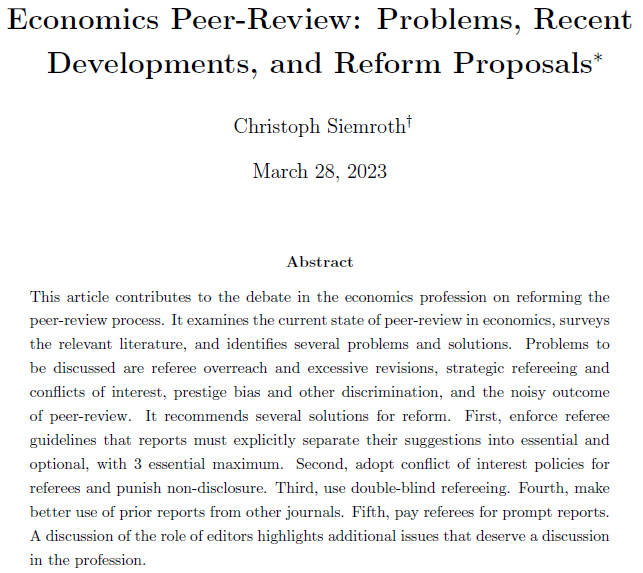 📢New discussion paper on what is wrong with #economics #peerreview and what can be done about it. 

Link: ssrn.com/abstract=44029…

Ever annoyed by contradictory or excessive referee asks? There are fixes!

A short thread 1/n
#EconTwitter #AcademicTwitter