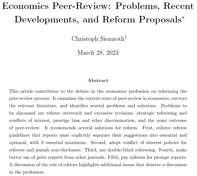 📢New discussion paper on what is wrong with #economics #peerreview and what can be done about it. Link: ssrn.com/abstract=44029… Ever annoyed by contradictory or excessive referee asks? There are fixes! A short thread 1/n #EconTwitter #AcademicTwitter