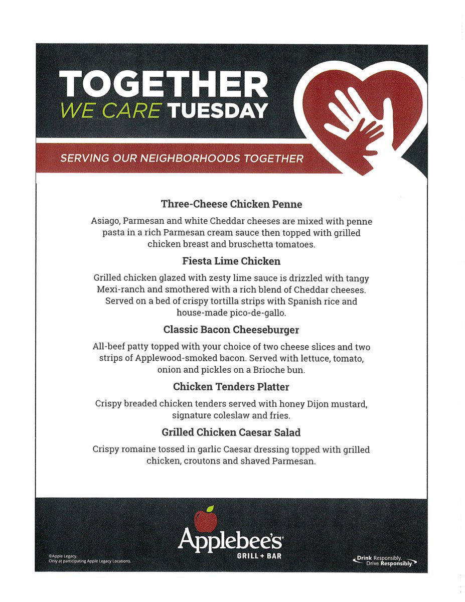 FHSBHSPostProm's tweet photo. Today's the day! Take your Honey, your Grandma or your best friends, whoever you want-just make sure you get out to Applebee's today!! Post Prom invites you to be Fancy Like Applebee's on a Date Night. Applebee's will donate 50% of any items off of this menu to Post Prom all day. https://t.co/eeJJt3UoE8