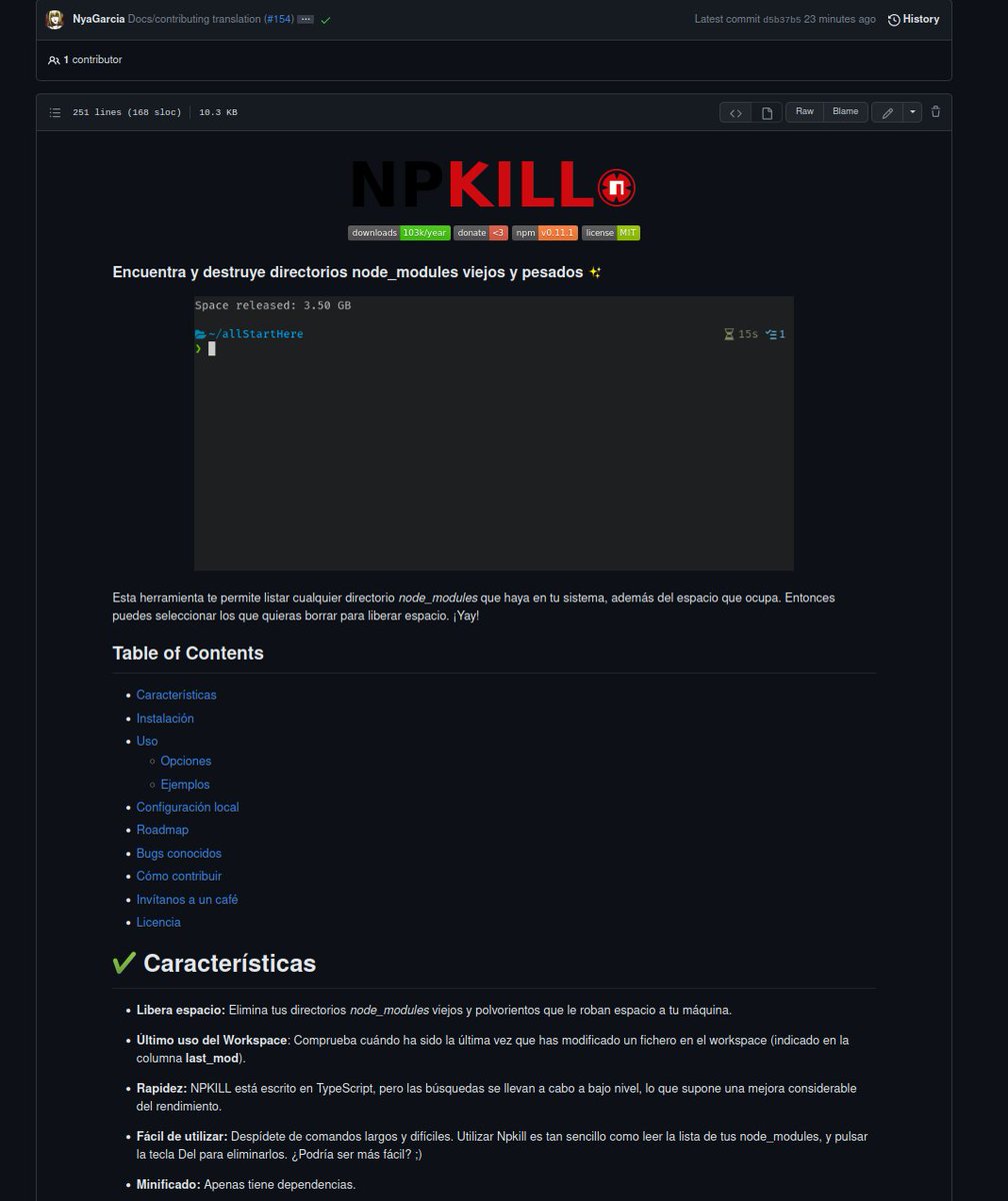 ✨Hey #JavaScript devs✨

I'm so happy to say that I've just finished translating the #Npkill docs to 🇪🇸 Spanish! 

Va por vosotros mi gente♥️

If anyone wants to help translate Npkill to other languages, your help is more than welcome!☺️

(Yes, the logo looks 💩 in dark mode 🤣)